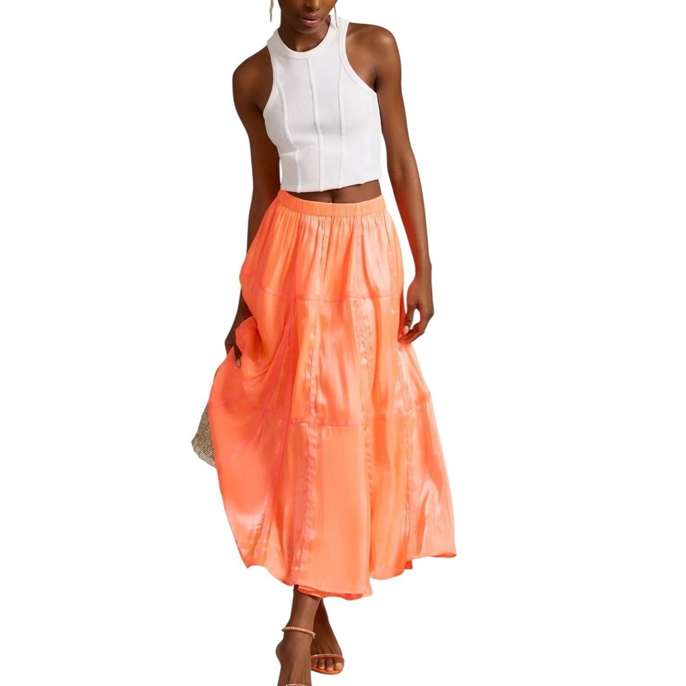 Anthropologie Maxi Skirt‎ Womens XXS Orange Sheen Tiered Boho Flowing Pull On - Picture 4 of 7